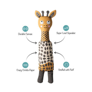 Introducing the "FRINGE STUDIO - HIGH THERE GIRAFFE SQUEAKER DOG TOY" from PET SHOP BY FRINGE STUDIO: a plush toy giraffe with a friendly, smiling face. This charming giraffe features a yellow head with gray ossicones, a long neck adorned with a spotted pattern, and is covered in durable cotton canvas fabric. It also boasts gray legs and particularly large eyes, making it perfect for interactive playtime.