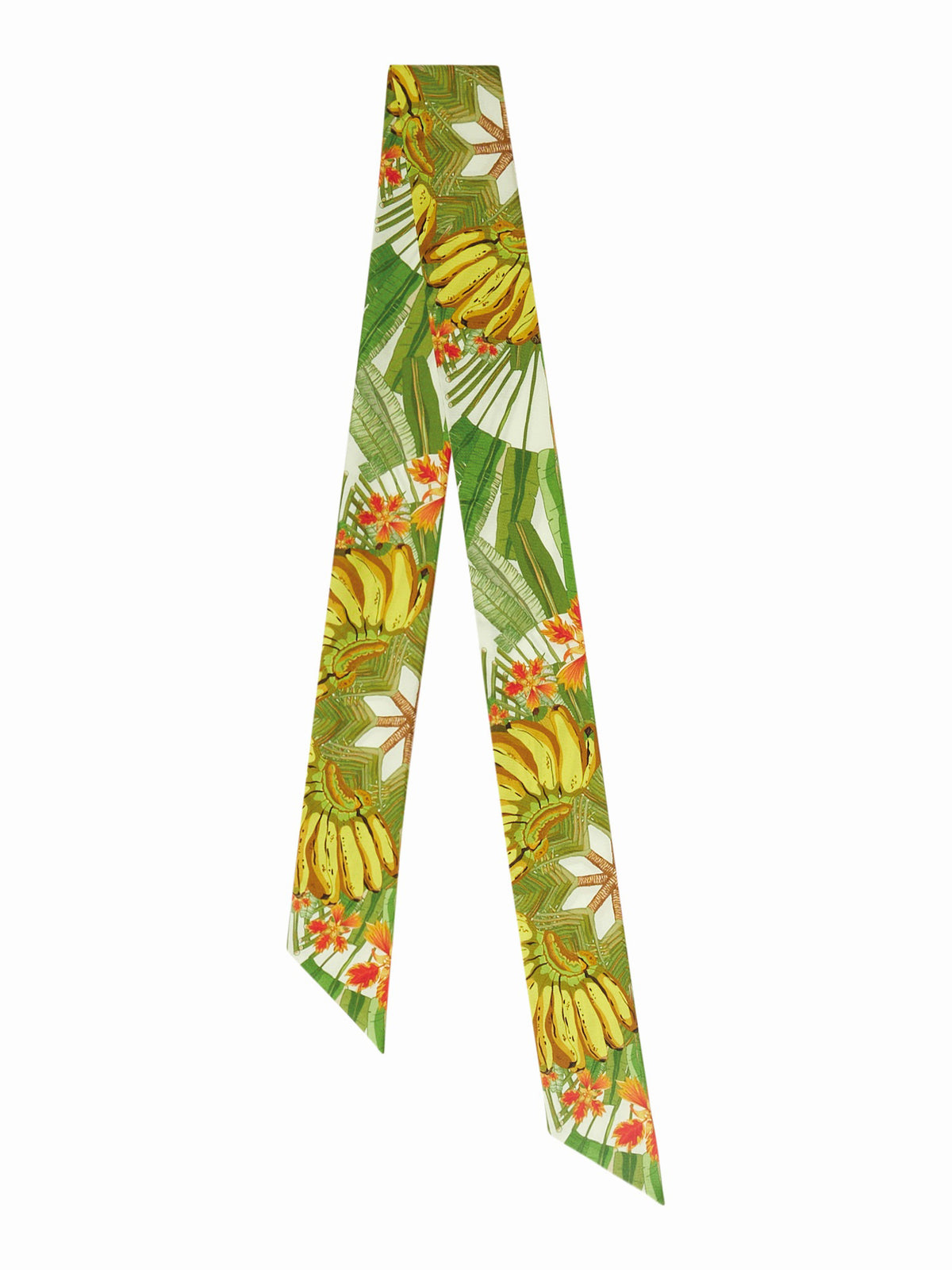 A slender FRANCO FERRARI - SILK RIBBON displaying tropical motifs of green leaves, yellow bananas, and red-orange flowers on a cream backdrop.