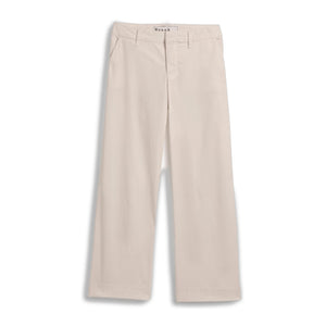 The FRANK & EILEEN Westport Italian Wide Leg Chino in Cement features belt loops, side pockets, and a front zipper, shown laid flat on a white background.