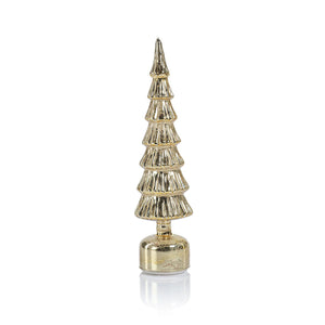 The ZODAX ALPINE ROTATING LED TREE IN ANTIQUE GOLD - LARGE is a decorative Christmas tree with tiered branches on a round base, featuring a glass LED light that brings a warm festive glow.