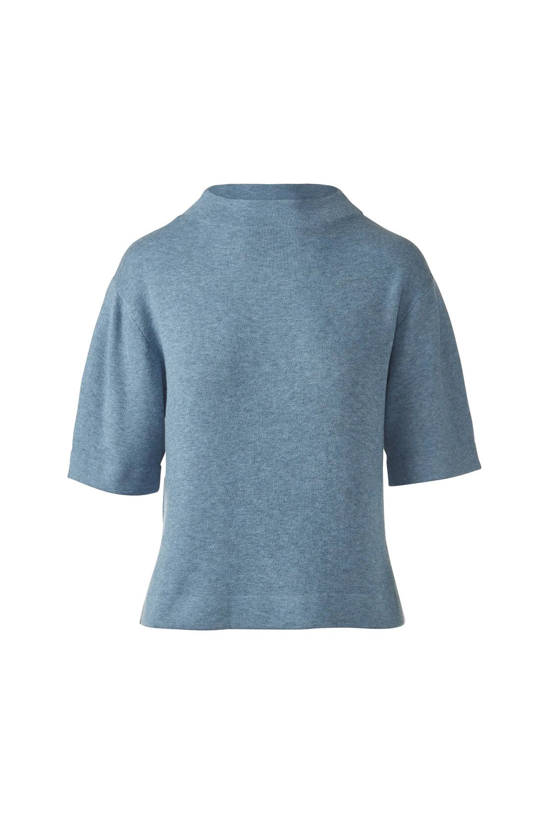 The KINROSS EASY LOW FUNNEL NECK COTTON SWEATER by KINROSS is a plain, short-sleeved, light grayish-green knit top with a relaxed fit and high round neckline, shown on a white background.