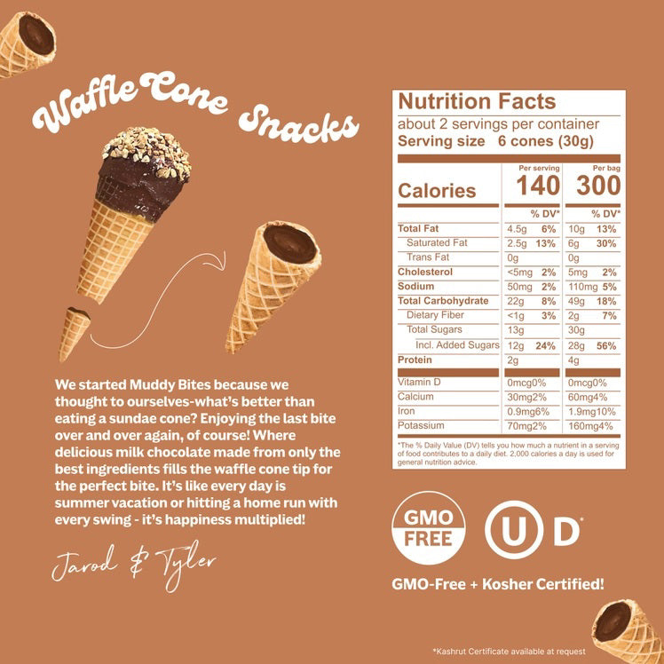 A bag of MUDDY BITES- MILK CHOCOLATE WAFFLE CONES against a brown background. The resealable packaging features the slogan "The Best Bit Over and Over Again" and boasts a 365+ day shelf life. This GMO-free product is also Kosher certified (D).