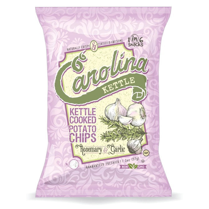 A 5 oz (142g) bag of 1 in 6 Snacks' Carolina Kettle Rosemary &amp; Garlic Chips, bursting with garlic seasoning and fresh rosemary. The purple bag features images of both ingredients and labels indicating that these kettle chips are non-GMO, gluten-free, and naturally crispy.