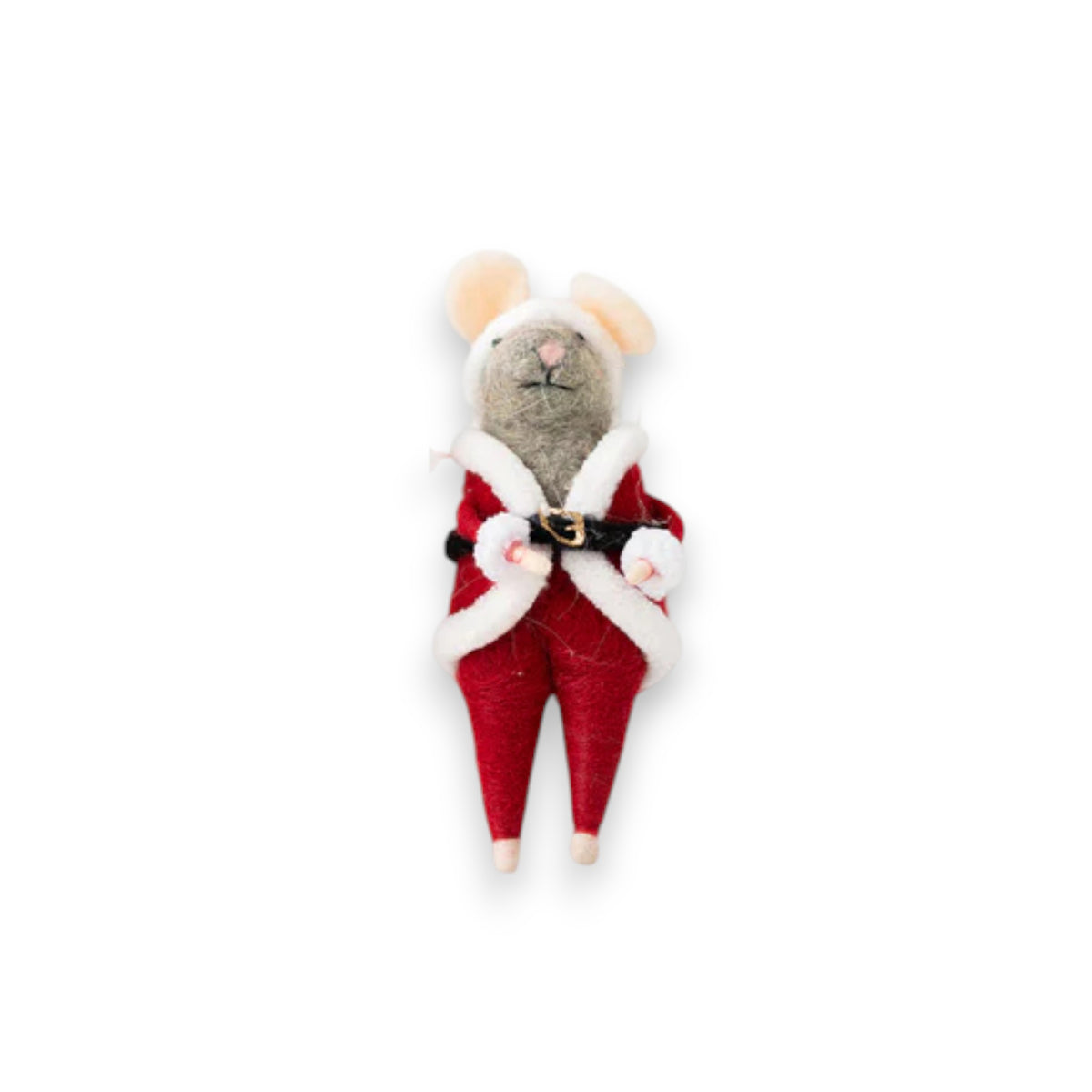 The CREATIVE COOP FELT MOUSE IN SANTA OUTFIT stands upright against a white background, dressed in a red Santa suit with white trim and hat—a charming Christmas decoration for your home.