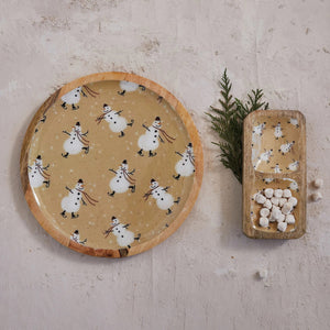The CREATIVE COOP ENAMELED MANGO WOOD TRAY WITH TWO SECTIONS features playful white sheep on a light beige background, making it perfect for holiday entertaining.