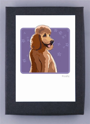 The PAPER RUSSELLS - POODLE BOX NOTES features a brown poodle illustration on recycled paper, set against a purple backdrop with paw prints. "Poodle" is inscribed at the bottom, framed in black, and proudly made in the USA by PAPER RUSSELLS.