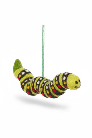 CARL THE CATERPILLAR ORNAMENT by FELT SO GOOD: a felt organic caterpillar toy with a green, black, yellow, and red patterned body, hanging from a green string made of sustainable materials.