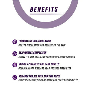 The ETERUS NECK AND FACE LIFTING LED THERAPY is a white massager with a T-shaped silver head, subtle blue accents, and a front power button. Designed for skincare routines, it features vibration massage for rejuvenation and is showcased against a plain white background.