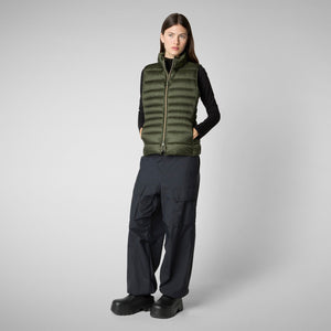 The SAVE THE DUCK - LYNN PUFFER VEST is an olive green, sleeveless women's vest with horizontal quilting and a stand-up collar, shown zipped up against a light gray background.