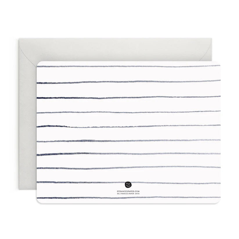 A set of 8 E. FRANCES PAPER "THANK YOU" flat notes features elegant watercolor designs with bold black lettering. Each card comes with an envelope, wrapped in a light green band labeled "E. Frances.