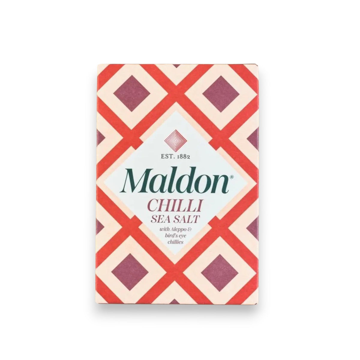 The MALDON - CHILI SEA SALT by GOURMET FOOD SOLUTIONS features a bold red and white geometric pattern. &quot;Maldon Chilli Sea Salt with Aleppo &amp; Bird&#39;s Eye Chillies, EST. 1882&quot; text describes the premium Maldon salt blended with spicy Aleppo pepper for added zest to any dish.