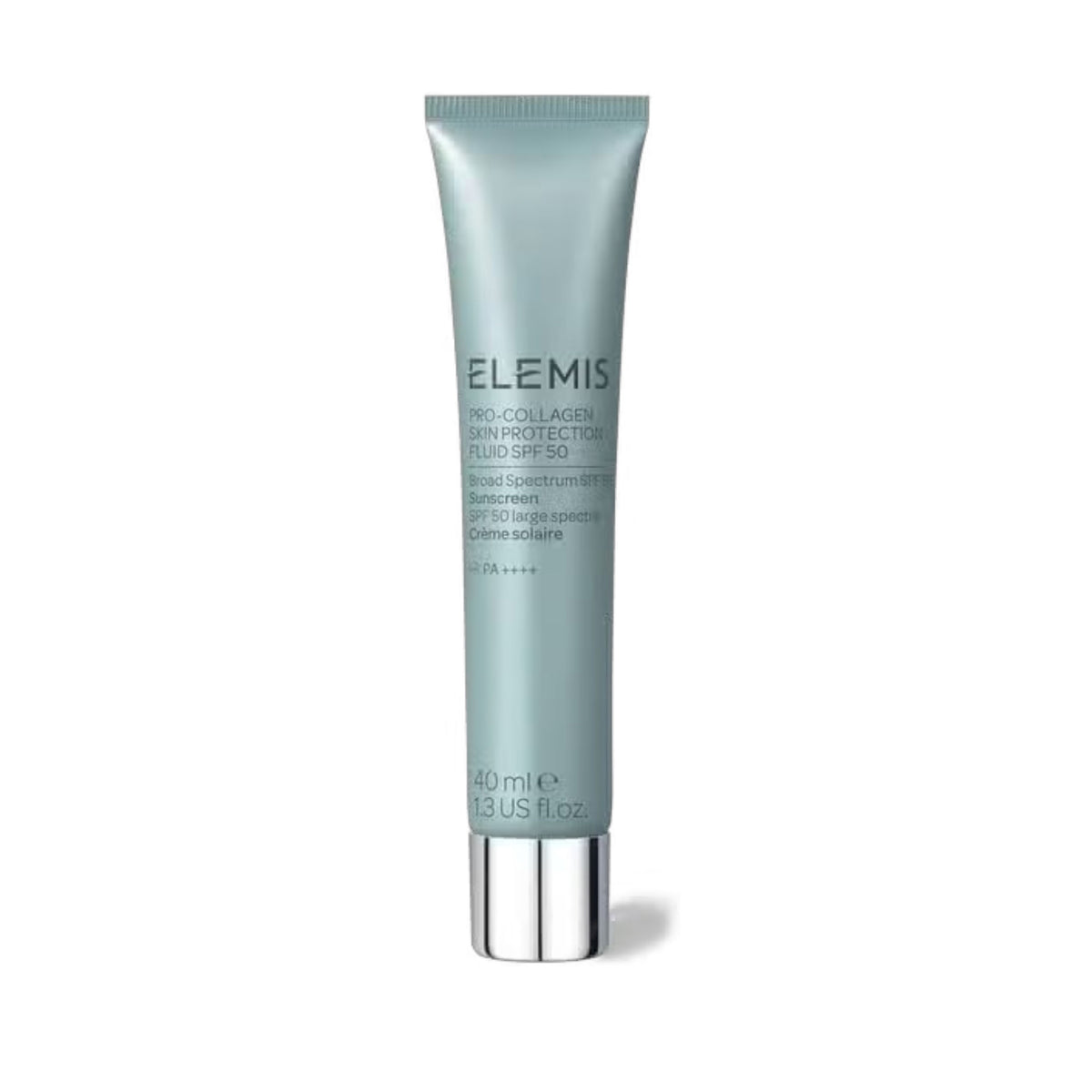 A light blue tube of ELEMIS - PRO-COLLAGEN SKIN PROTECTION FLUID SPF50 from ELEMIS - STEINER is centered on a white background, showcasing its broad-spectrum sunscreen properties, marine algae infusion, and 40ml size for effective skin coverage.