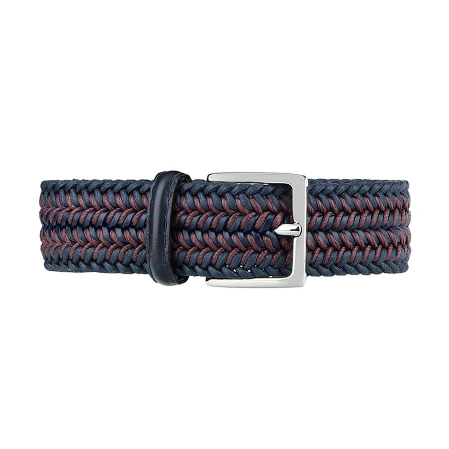 The ATHISON - Braided Cotton Stretch Belt in Navy and Burgundy features a silver rectangular buckle and a black leather loop, combining style and comfort from the ATHISON brand.