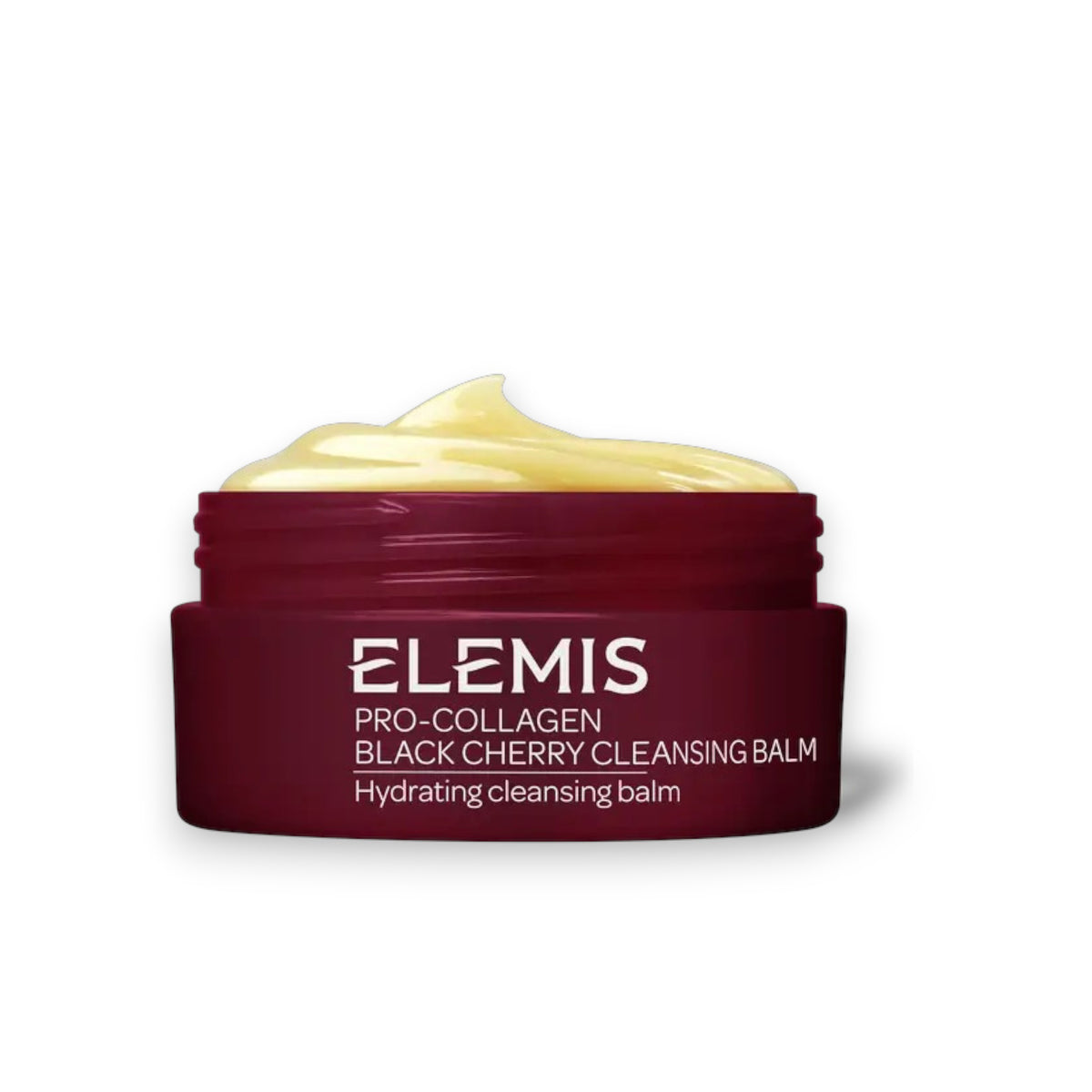 An open maroon jar of ELEMIS - PRO-COLLAGEN BLACK CHERRY CLEANSING BALM 100G by ELEMIS - STEINER reveals yellow balm inside. This nourishing skincare product also effectively removes makeup. The background is white.