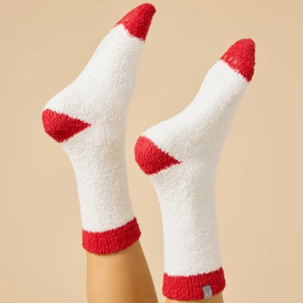 SOFTIES - MARSHMALLOW CREW SOCKS IN WHITE WITH RED HEEL, featuring fuzzy white knit with red toes, heels, and cuffs.
