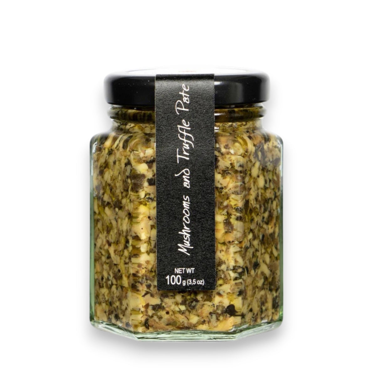 A hexagonal glass jar contains RITROVO's CASCINA ROSSA Mushroom Truffle Paste, infused with white truffle aroma. It has a black lid and a black label with white text. The net weight is 100g (3.5 oz), against a plain white background.