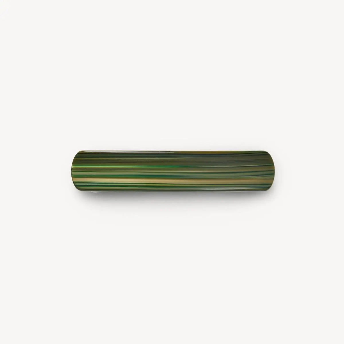 The MACHETE - NO. 3 Heirloom Barrette by MACHETE is a glossy, handmade cellulose acetate barrette with horizontal green, yellow, and brown stripes shown against a plain white background.