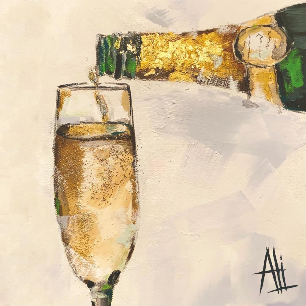 A painting from "The Art of Champagne Beverage Napkins" by Paper Products Design shows champagne gently poured into a flute, featuring textured gold accents in an abstract style on 3-ply paper, signed "Ali" at the bottom right.