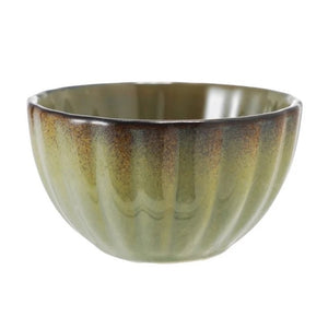 The SAGE GREEN RIBBED STONEWARE BOWL WITH REACTIVE GLAZE from CREATIVE COOP features a glossy green and brown finish, ribbed fluted exterior, and reactive glaze for a unique look.