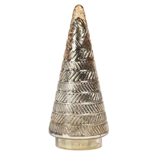 Large Zodax Siberian Antique Glass LED tree in gold, featuring a conical shape with a metallic finish and diagonal embossed texture.