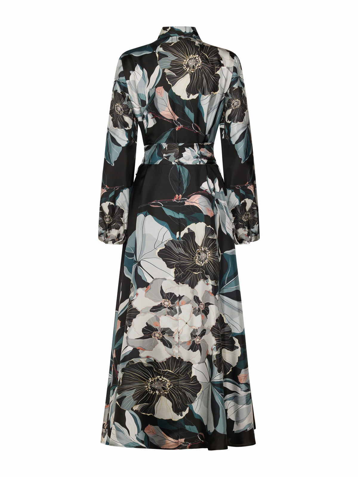 The FRANCO FERRARI ALOE Silk Maxi Shirtdress features long sleeves, an ankle-length cut, a black base with white, teal, and light pink oversized floral print, a collared neckline, and a matching tie belt at the waist.