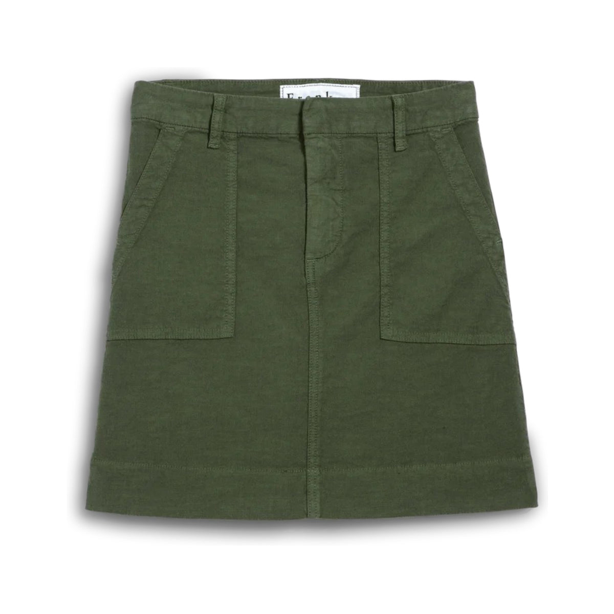 The FRANK &amp; EILEEN Jameson Utility Skirt in Hunter Green, knee-length and made of Italian Performance Linen, features utility pockets, belt loops, and visible stitching. Shown laid flat on a white background.