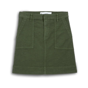 The FRANK & EILEEN Jameson Utility Skirt in Hunter Green, knee-length and made of Italian Performance Linen, features utility pockets, belt loops, and visible stitching. Shown laid flat on a white background.