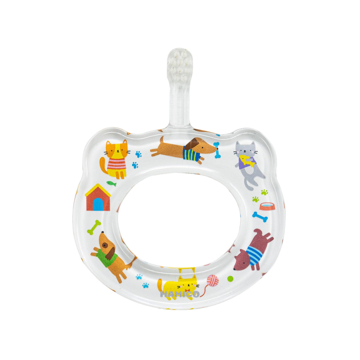 The HAMICO Baby Toothbrush - Cats and Dogs by Innovative Toothbrush is a white baby teething ring adorned with an animal-themed design. It showcases colorful illustrations of cats, dogs, and various pet accessories. Attached to the top of the ergonomic handle is a transparent, textured section for biting, helping to promote preventative oral care as your little one chews.