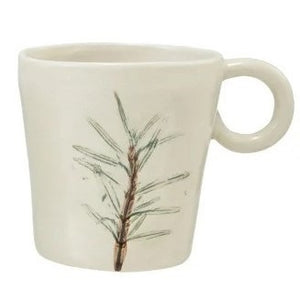 Four white HAND-PAINTED STONEWARE MUGS WITH BOTANICAL DESIGN from CREATIVE COOP are lined up side by side, each featuring unique flower and leaf illustrations and a comfortable round handle to brighten your morning routine.