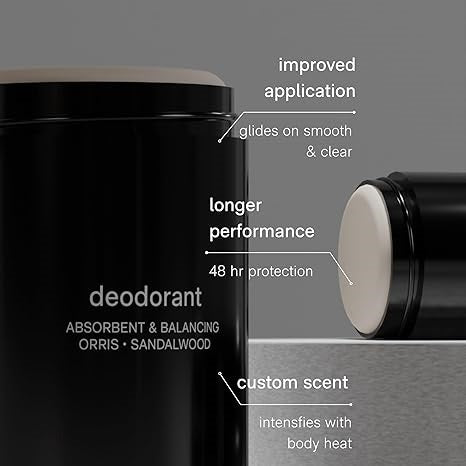A person holds a black stick of JACK HENRY - DEODORANT HINOKI CYPRESS near their lips. Text highlights zinc ricinoleate, lactobacillus ferment, magnesium, and meadowfoam seed in this natural, aluminum-free JACK HENRY formula.