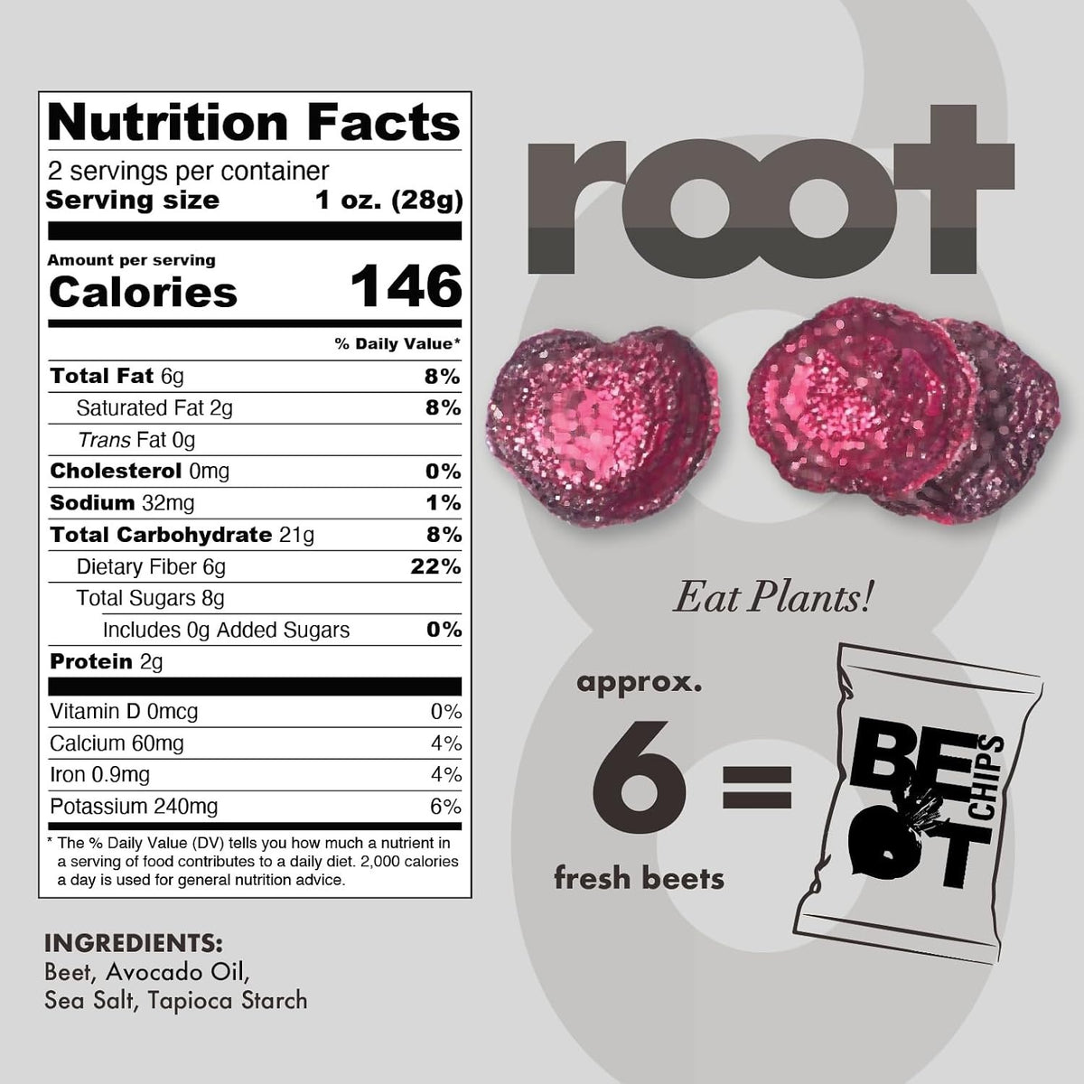 A white bag of ROOT FOODS - BEET CHIPS from ROOT FOODS features a large beet illustration and bold black and red “BEET CHIPS” text. Made with avocado oil, these Non-GMO and gluten-free veggie chips display their certification symbols prominently at the top and bottom of the packaging.