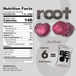 A white bag of ROOT FOODS - BEET CHIPS from ROOT FOODS features a large beet illustration and bold black and red “BEET CHIPS” text. Made with avocado oil, these Non-GMO and gluten-free veggie chips display their certification symbols prominently at the top and bottom of the packaging.
