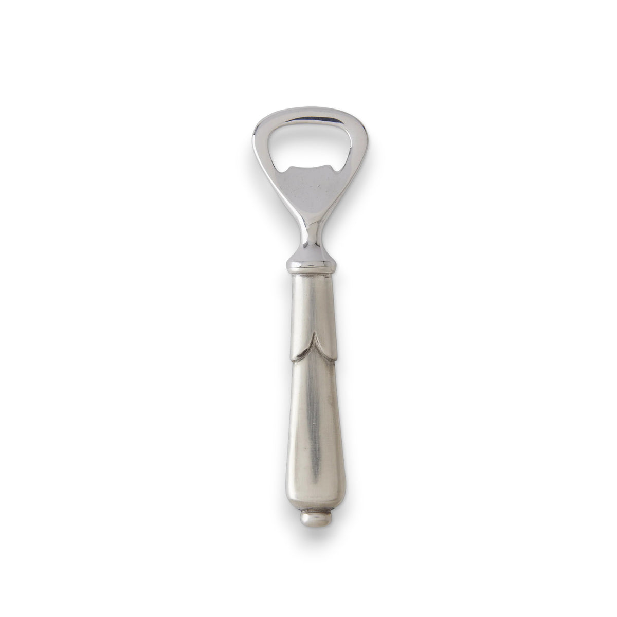 The MATCH PEWTER BOTTLE OPENER, FORGED by MATCH features a rounded, tapered Italian pewter handle and a flat stainless steel head, shown on a white background.