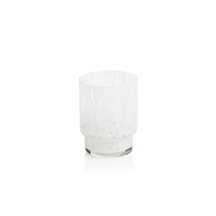 An AMALFI WHITE TORTOISE TUMBLER by ZODAX, holding 350 ml, features a slightly tapered base and a textured, frosted surface. The glass is empty and positioned against a plain white background.