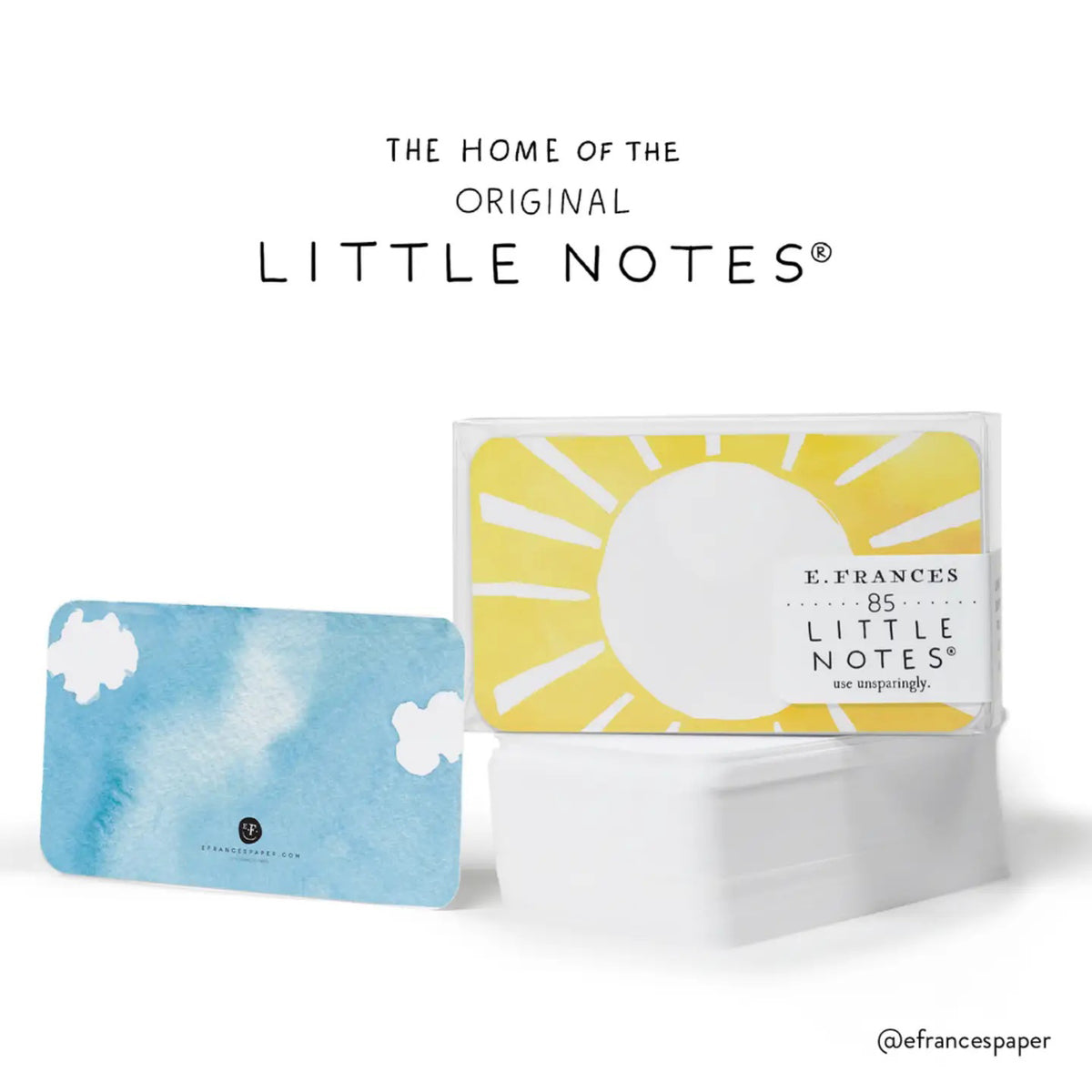 E. FRANCES PAPER’s SUNNY DAY LITTLE NOTES come in a clear plastic box with 85 small flat cards featuring a bright yellow sun and &quot;E. Frances Little Notes.&quot; Use them as lunch box love, pocket notes, or cheerful place cards for any occasion.
