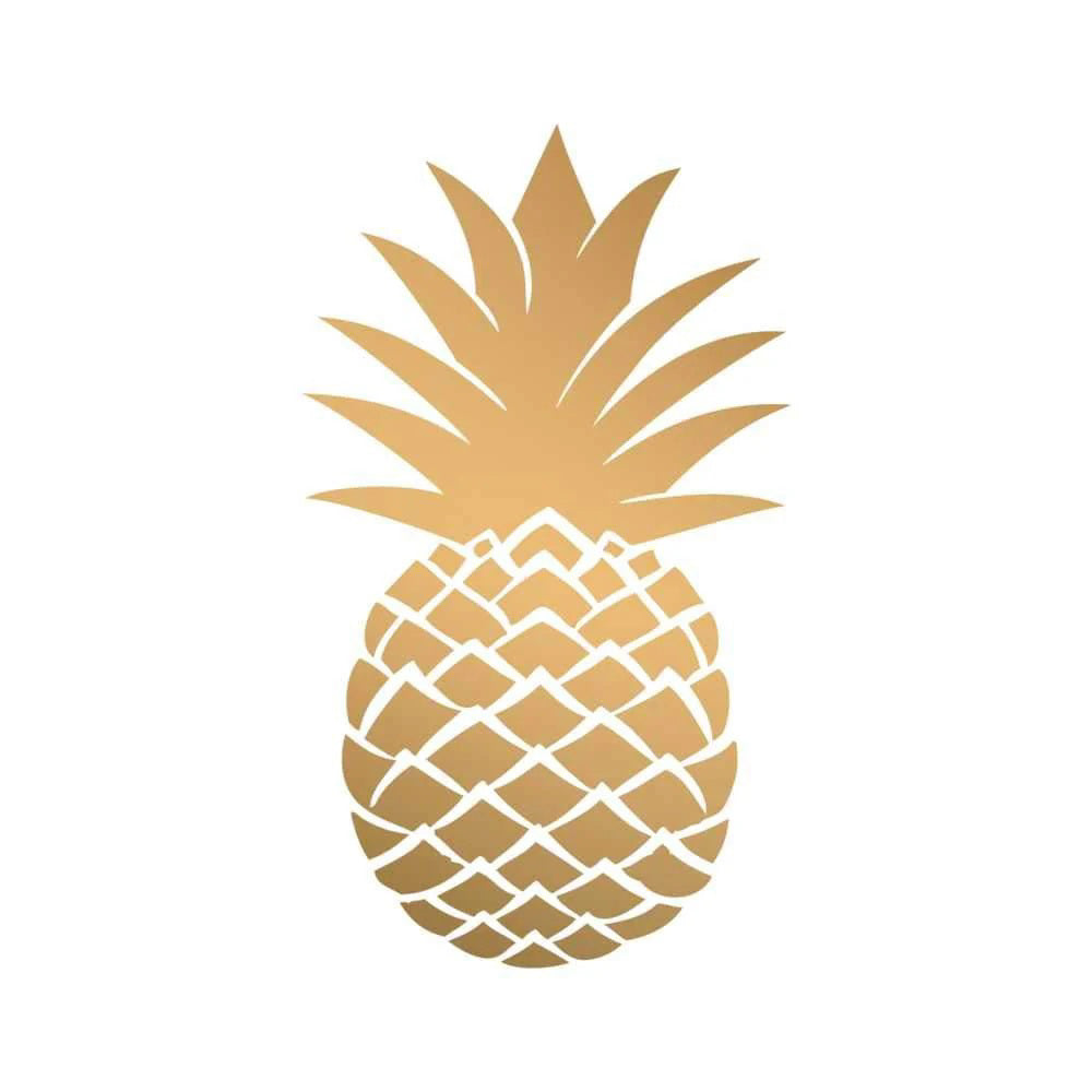 The GOLDEN PINEAPPLE BEVERAGE NAPKINS by PAPER PRODUCTS DESIGN feature a gold pineapple silhouette with geometric patterns on soft 3-ply paper against a white background. Perfect for elegance, they are made in Germany.