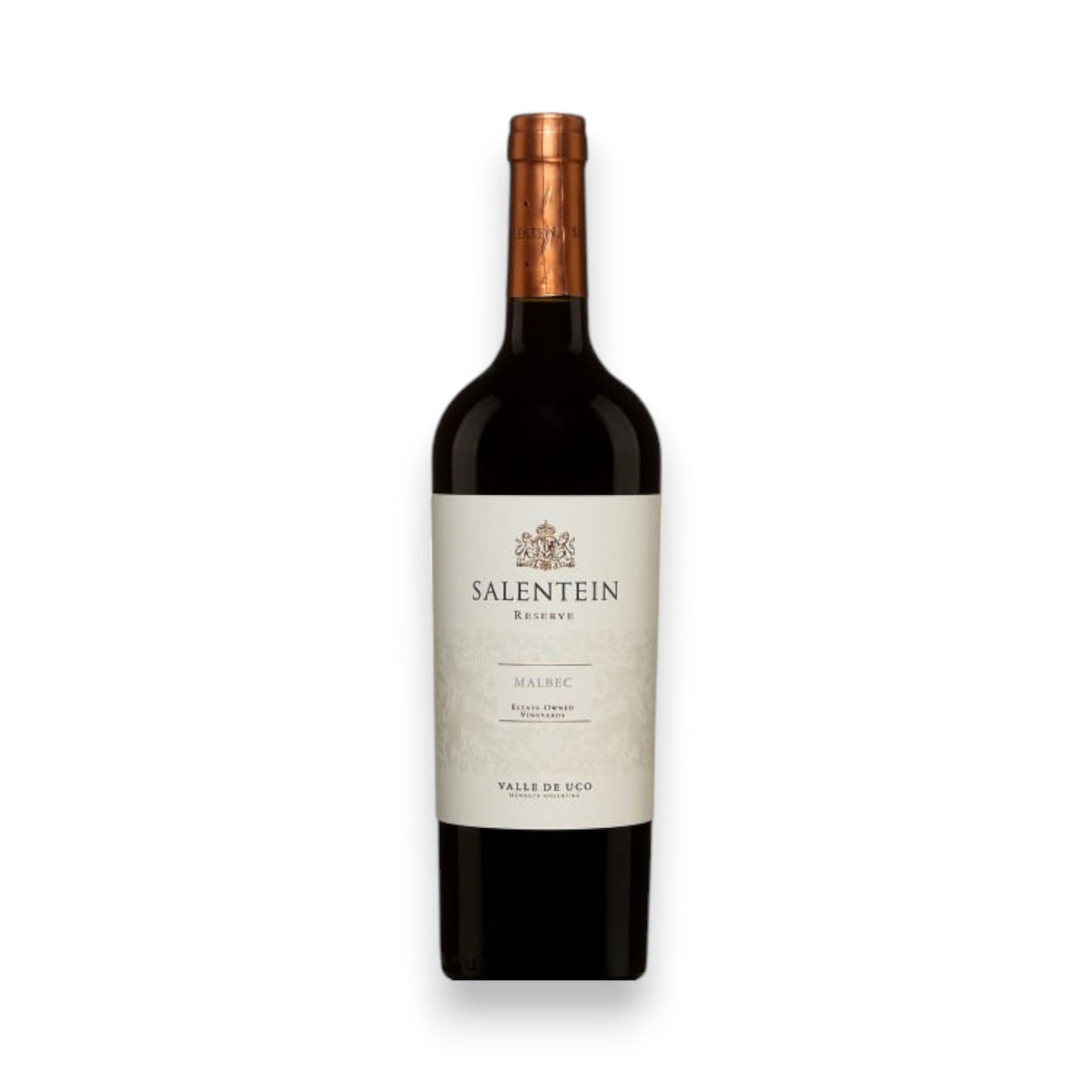 A bottle of SALENTEIN MALBEC 2022 from WINE: JOHNSON BROS./MUTUAL/EPIPHANY, featuring a copper-colored foil top and cream label, is displayed against a plain white background.