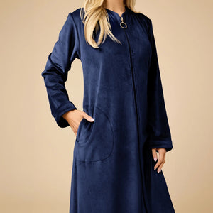 A long-sleeved, beige SOFTIES - SERENITY SHEAR MINK ZIP ROBE featuring a full-length zipper, round neckline, and two side pockets.