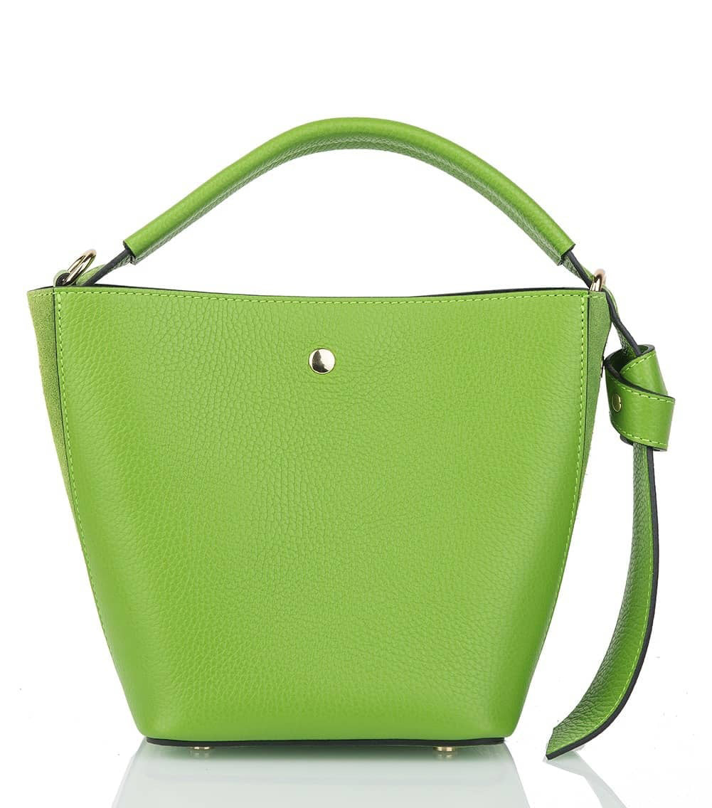 Introducing the SMALL LEATHER BUCKET HANDBAG by LE BORSETTE: This sleek white handbag boasts a structured design with a single top handle and detachable crossbody straps. With its minimalistic style and tiny gold accent on the front, its clean lines and smooth texture provide a modern, sophisticated look.