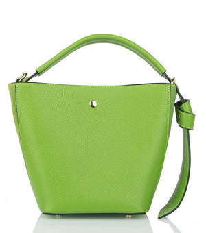 Introducing the SMALL LEATHER BUCKET HANDBAG by LE BORSETTE: This sleek white handbag boasts a structured design with a single top handle and detachable crossbody straps. With its minimalistic style and tiny gold accent on the front, its clean lines and smooth texture provide a modern, sophisticated look.