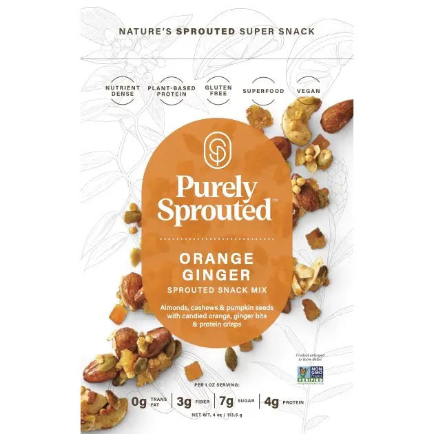 Here is an image of a snack package from the brand "PURELY SPROUTED." The PURELY SPROUTED - ORANGE GINGER SPROUTED SNACK MIX includes sprouted nuts, almonds, cashews, pumpkin seeds, candied orange, ginger bits, and protein crisps. The packaging emphasizes that it is gluten-free, vegan, and plant-based.