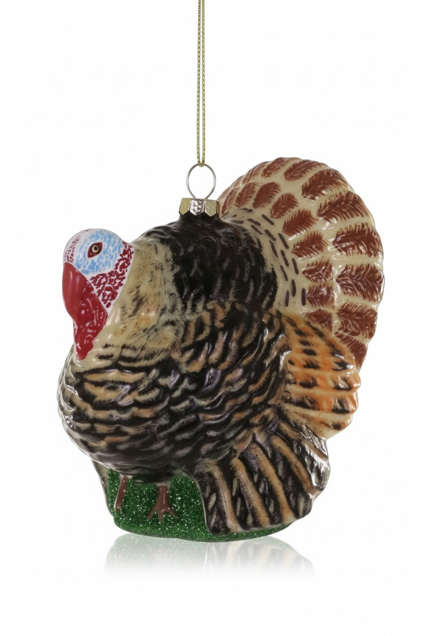 HERITAGE TURKEY ORNAMENT by Cody Foster, a glass turkey with a red snood, patterned brown feathers, and festive home decor charm.
