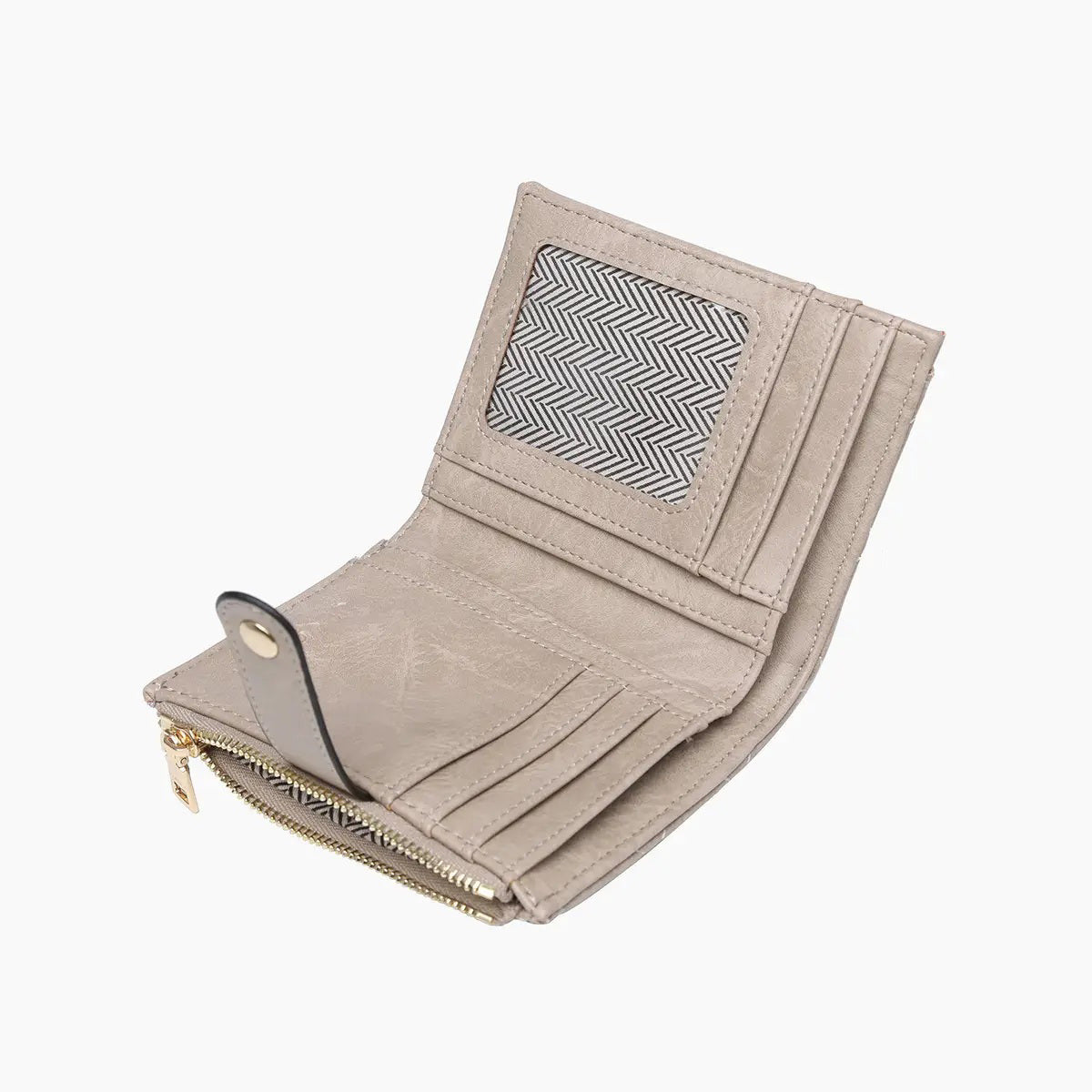 The QUILTED ZIP TOP WALLET by JEN &amp; CO is a teal, small, quilted vegan leather wallet featuring a gold snap closure and a zippered compartment at the top, all set against a plain white background.