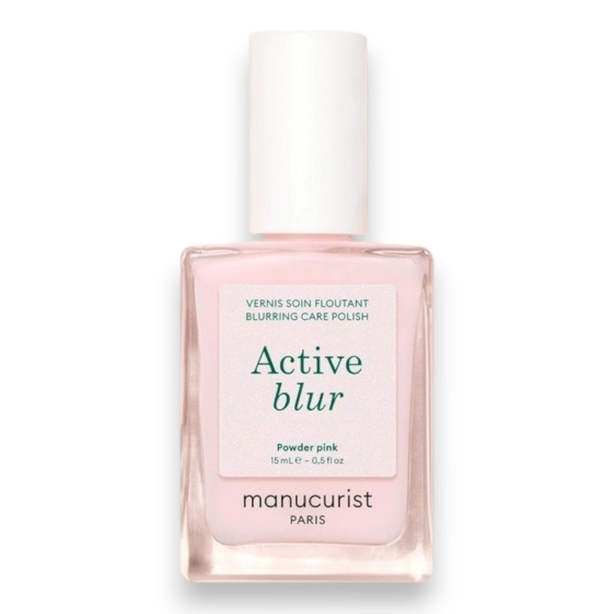 Three close-up photos of a fingernail: first, bare; second, after one coat of MANUCURIST - ACTIVE™ BLUR TREATMENT POLISH in a powder-pink shade (appearing slightly shinier); and third, after two coats (showing even glossier and smoother results). Each stage is clearly labeled to highlight the transformation, perfect for fans of MANUCURIST INC vegan nail care solutions.