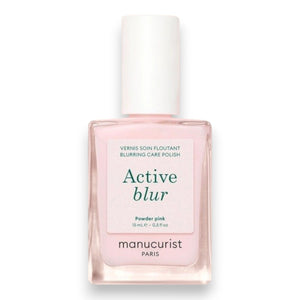 Three close-up photos of a fingernail: first, bare; second, after one coat of MANUCURIST - ACTIVE™ BLUR TREATMENT POLISH in a powder-pink shade (appearing slightly shinier); and third, after two coats (showing even glossier and smoother results). Each stage is clearly labeled to highlight the transformation, perfect for fans of MANUCURIST INC vegan nail care solutions.