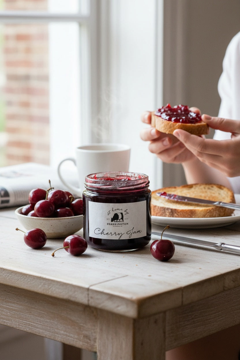 A glass jar with a black lid labeled “FEARRINGTON SIGNATURE COLLECTION - FEARRINGTON HOUSE CHERRY JAM” from Fearrington House, featuring a cow silhouette and the phrase “at home by Fearrington, Pittsboro, NC, EST. 1974,” on a white background. This versatile spread is crafted from ripe cherries to bring a deliciously sweet flavor to your pantry.