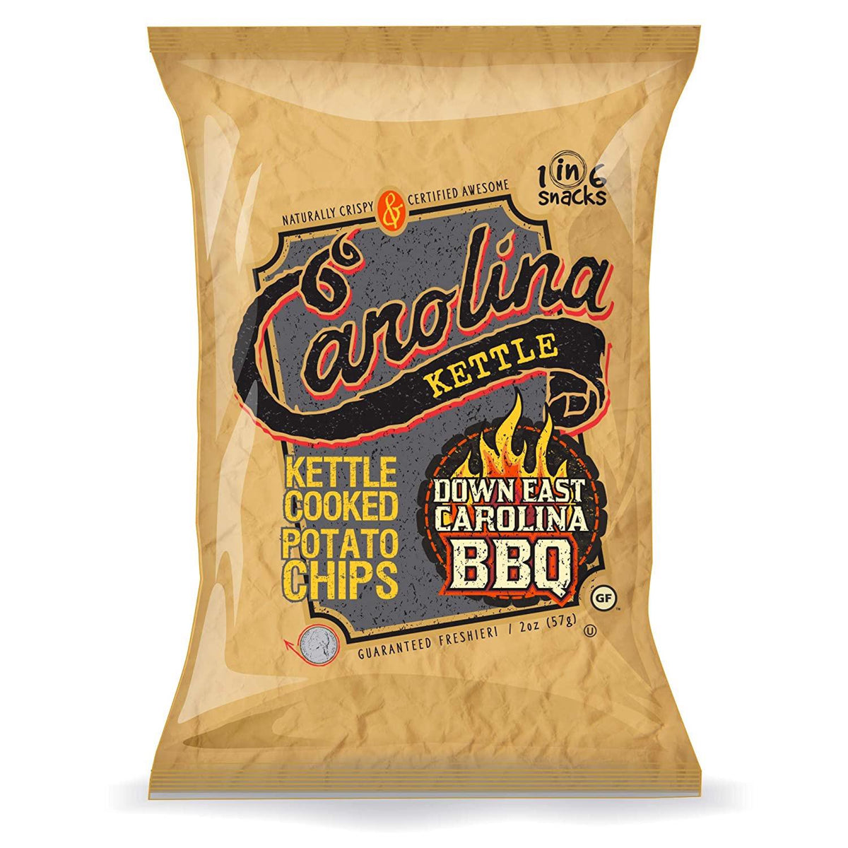 The CAROLINA KETTLE - DOWN EAST BBQ CHIPS by 1 IN 6 SNACKS embody Eastern North Carolina spirit, featuring a rustic design with black and red text, a flame graphic, and emphasizing "Kettle Cooked" and "Guaranteed Freshness.