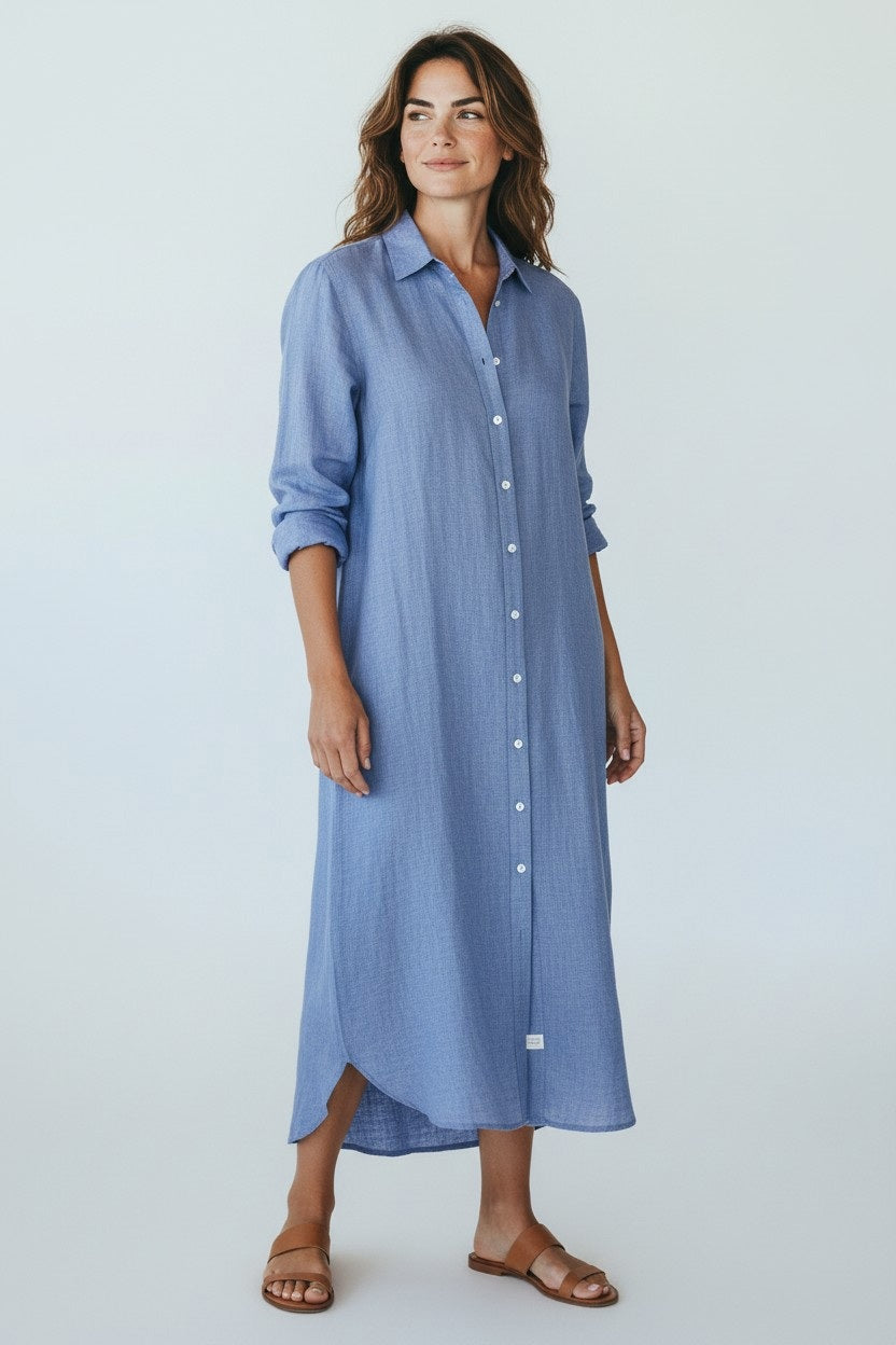 chinese dress ladies RORY Wide White and Blue Stripe, Classic Linen