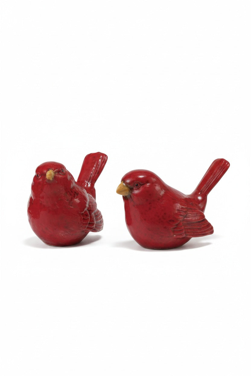 Two red HAND PAINTED EMBOSSED CERAMIC BIRD figures with yellow beaks.