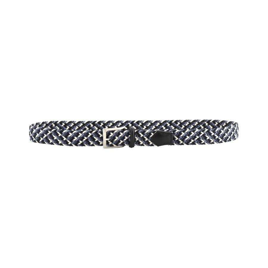 ATHISON - BRAIDED RAYON STRETCH BELT IN ACQUA by ATHISON: a blue, navy, and white stretch braided belt with silver buckle and dark leather tip.